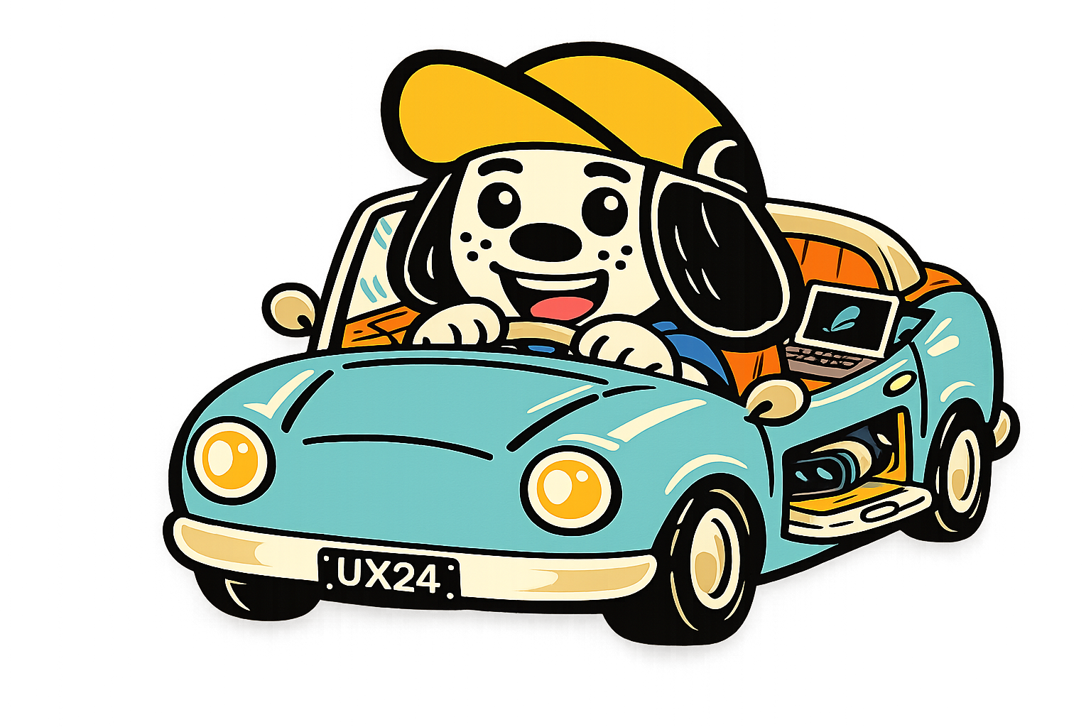 Mascota de Panama Car Republic conduciendo un auto con placa UX24